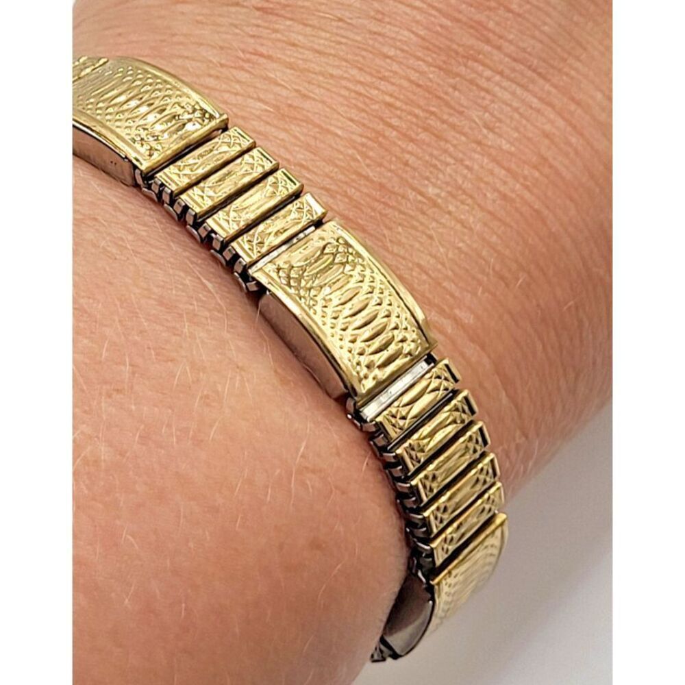 Vintage Aimante Japan Stretch Stainless Steel Golden Bracelet Signed Watch 6in